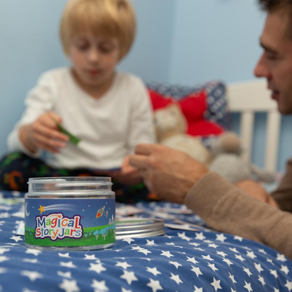 Adventure themed Magical Story Jar being used at bedtime